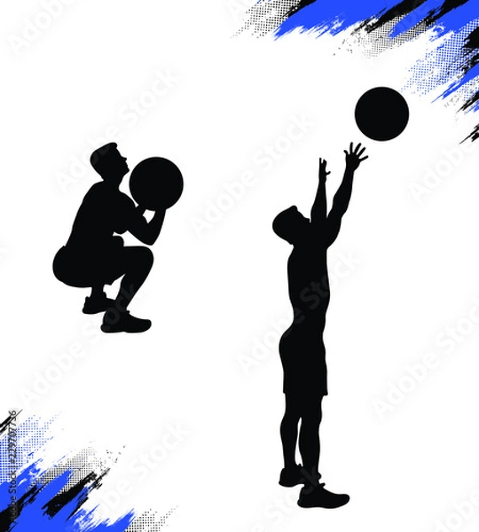 Obraz Male silhouette throwing medicine ball (medball) while his crossfit training doing the wall ball exercise. Conditioning and stamina workout. Vector illustration for web and printing. 
