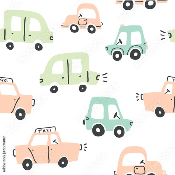 Obraz Seamless pattern with hand drawn cute cars
