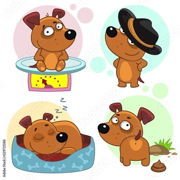 Fototapeta Zestaw ikon kreskówka dla projektu dla dzieci i psów. Szczeniak siedzi na wadze, w kowbojskim kapeluszu, śpi w łóżku, na spacerze, stoi przy gównie.