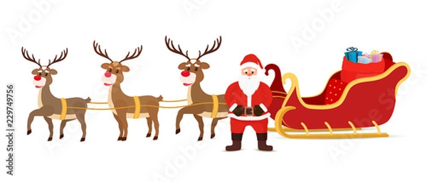 Obraz Vector cartoon sleigh, reindeers, sled with Santa Claus.