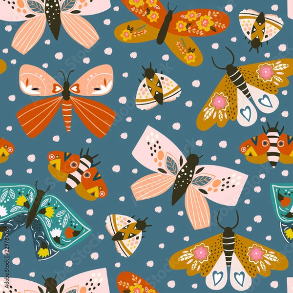 Fototapeta Hand drawn butterflies. Colored vector seamless pattern. Blue background