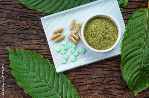 Obraz Mitragyna speciosa or kratom leaves with medicinal products in pills, capsules and powder in white ceramic bowl and wooden table, top view