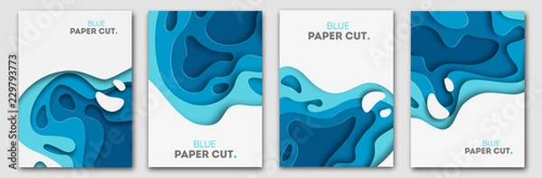 Fototapeta Koncepcja projektu cięcia papieru na ulotki, prezentacje i plakaty. Sztuka rzeźbienia streszczenie wektor. Biało-niebieskie trójwymiarowe pionowe banery warstwowe.