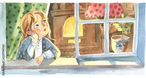 Fototapeta Watercolor  illustration. Front view of the little girl, who looks through the window to the street in the warm room with curtain and fireplase. The indors scene