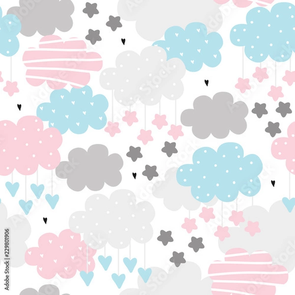 Obraz Cute hand drawn clouds and stars Seamless pattern. vector illustration.