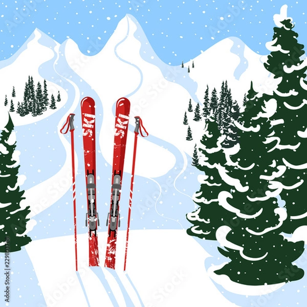 Fototapeta Mountain view and skis in the foreground. Winter outdoor holiday activity sport in alps, landscape with mountain view and forest. Flat style