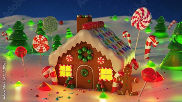 Fototapeta Gingerbread house Christmas night scene backgound, snowy night with stars. 3d rendering.