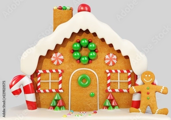 Fototapeta Christmas Gingerbread house in snow. 3d rendering