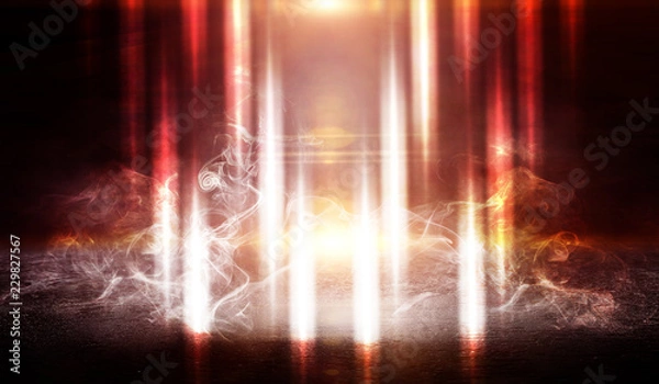 Obraz Background of an empty dark room. Empty walls, lights, smoke, glow, rays