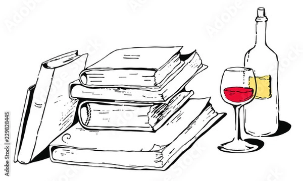 Fototapeta a pile of old books near a bottle and a glass of red wine - vector illustration