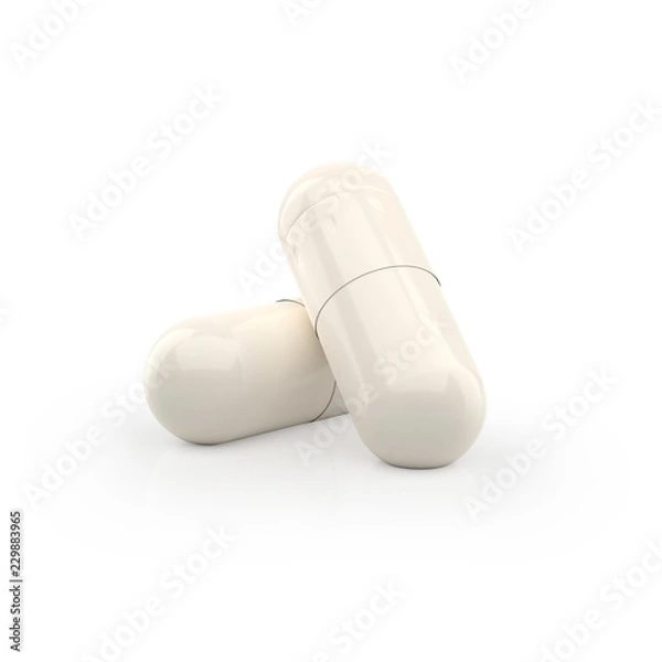 Obraz Two capsules supplement on white background. 3d pill isolated.