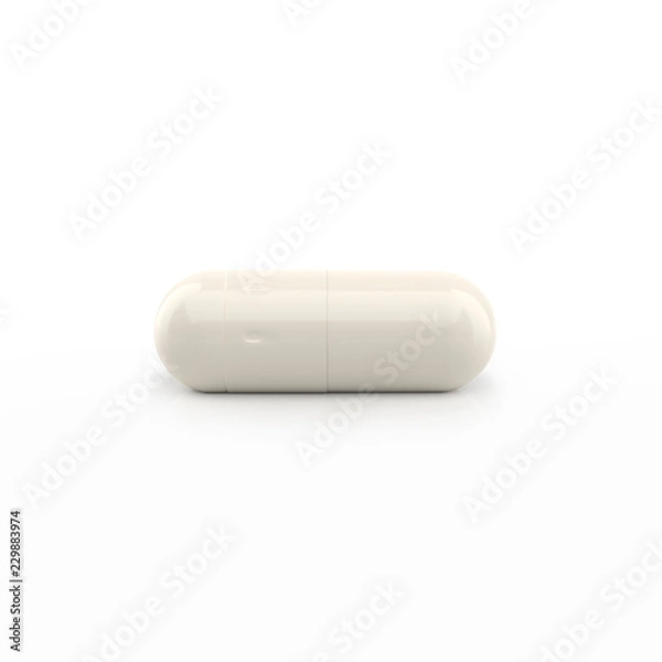 Obraz White pill capsule supplement on white background. 3d pill isolated.