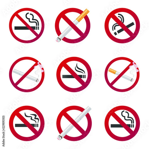 Fototapeta 9 no smoking icon signs set. Flat style design and 3d realistics design of signs in the red gradient circles isolated on white background vector illustration.