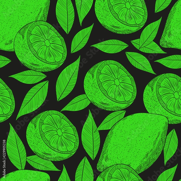 Obraz Lime. Seamless, wallpaper, texture. Black background. Sketch