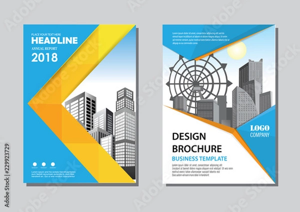 Fototapeta Brochure template layout, cover design annual report, magazine, flyer or booklet in A4 with blue geometric shapes on polygonal background