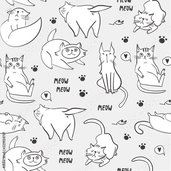 Obraz Hand drawn various cats. Graphic vector seamless pattern