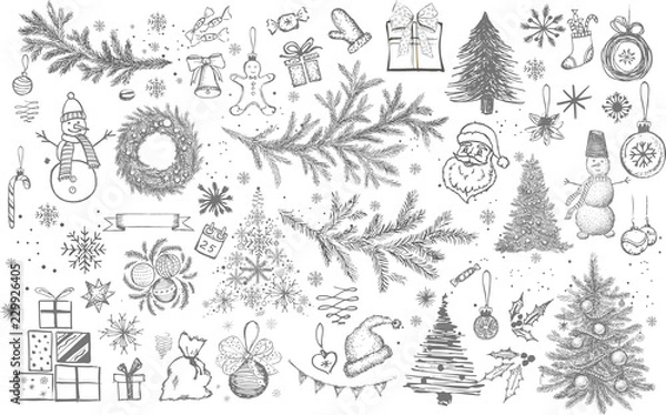 Fototapeta Christmas pattern in sketch style. Hand drawn.