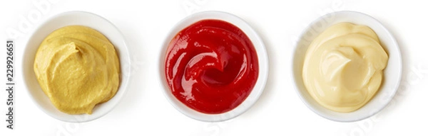 Obraz Majonez ketchup i musztarda na białym tle na biały, z góry