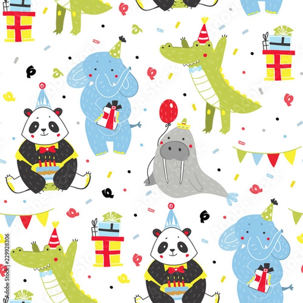Obraz Hand drawn birthday party animals. Colored vector seamless pattern