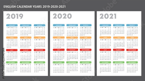 Fototapeta English calendar 2019-2020-2021 vector template