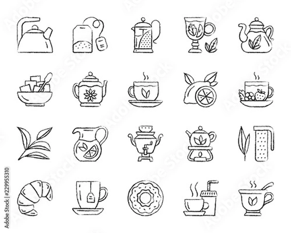 Fototapeta Tea charcoal draw line icons vector set
