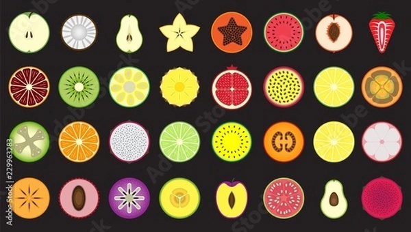 Fototapeta Set of icons fresh and colorful fruits and berries cut in half, isolated, Apple, coconut, pear, carambola, papaya, watermelon, peach, strawberry, tangerine, kiwi, jackfruit, pineapple, lime and others