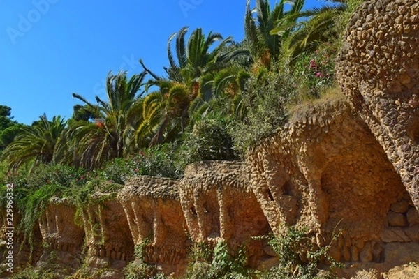 Fototapeta Beautiful stone walls, on top of which palm trees grow.