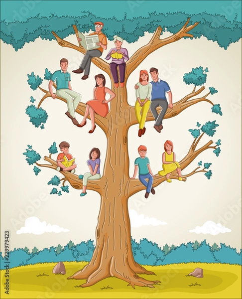 Obraz Drzewo genealogiczne z ludźmi. Rodzina kreskówka na drzewo genealogiczne.