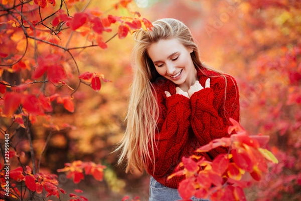 Fototapeta Close up portrait of a Beautiful girl near colorful autumn leaves.
