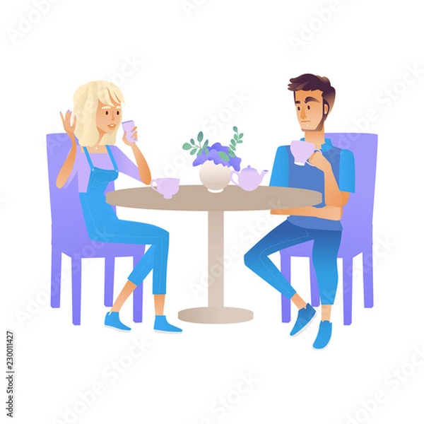 Fototapeta Vector illustration of talking people - young man and woman on date or meeting sitting at table drinking beverages and conversing isolated on white background in cartoon style.