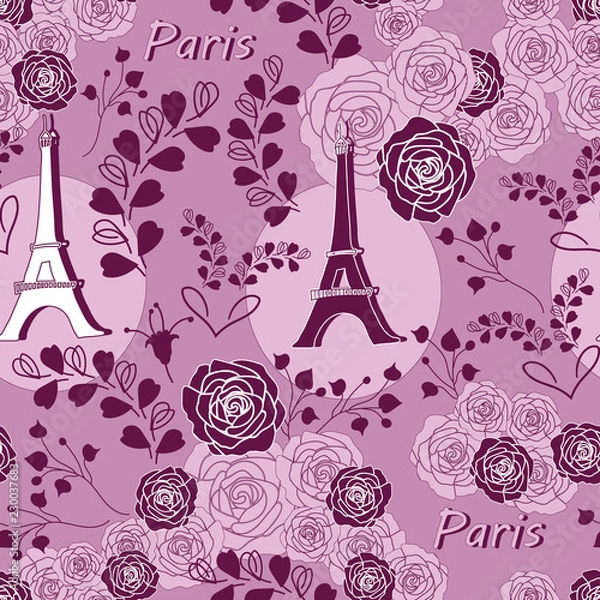 Obraz Roses on Eiffel-Love in Parise Seamless Repeat Pattern Background