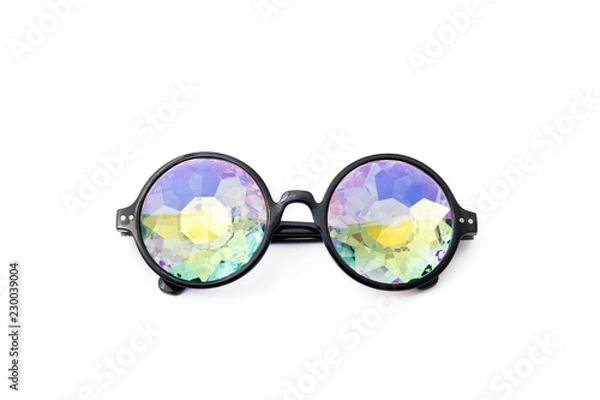 Fototapeta Glasses kaleidoscopes hologram white background isolated. Points are located frontally. eyeglasses points folded in the back.	