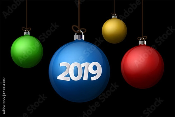 Fototapeta Xmas and New Year 2019 concept. Realistic colored christmas balls with silver holder isolated. Vector illustration