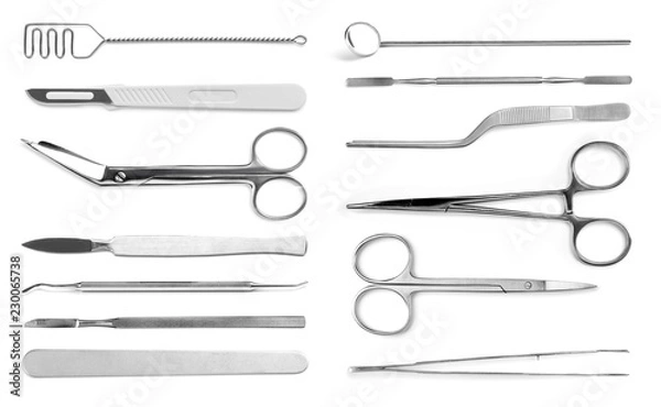 Obraz Set with different instruments on white background. Medical objects