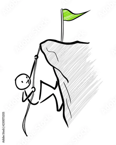 Obraz Happy climber reaches the peak of the mountain. Stick figure vector illustration - concept image
