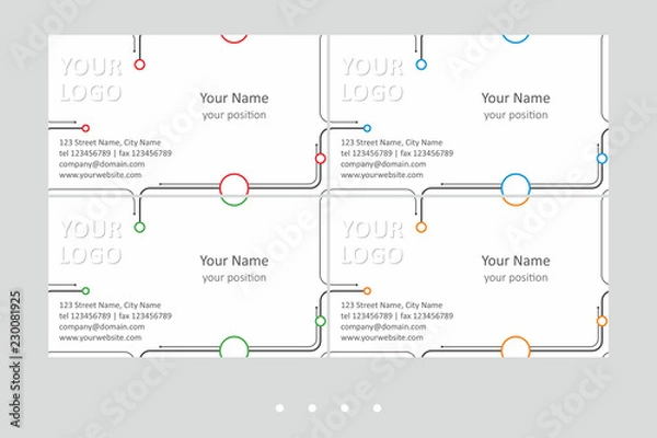 Fototapeta Bright business card vector templates set. Universal decorative geometric seamless design, black lines on the white background with multicolor accent - just place your text. In EPS - CMYK - Calibri