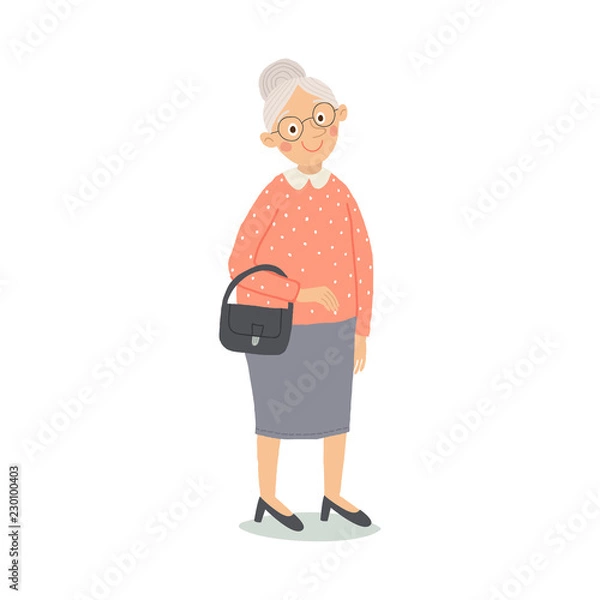 Obraz Senior lady with handbag standing. Old person. Cute grandmother with glasses smiling. Elderly, retired people. Cartoon vector hand drawn illustration isolated on white background in a flat style.