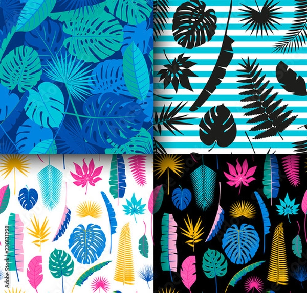 Fototapeta 4 Beautiful seamless tropical jungle floral patterns background with different palm leaves. set.
