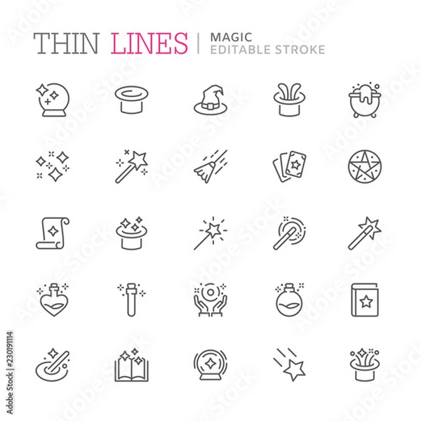 Fototapeta Collection of magic related line icons. Editable stroke