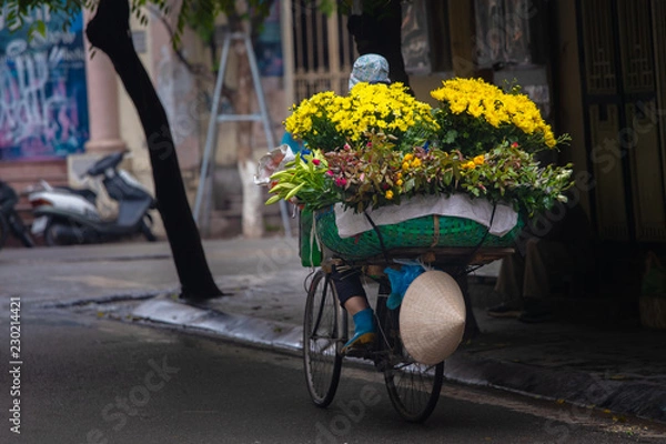 Obraz Street sellers of HaNoi city.Most of the street sellers use bicycle to sell their product like fruits,flowers or other tools needed at home.