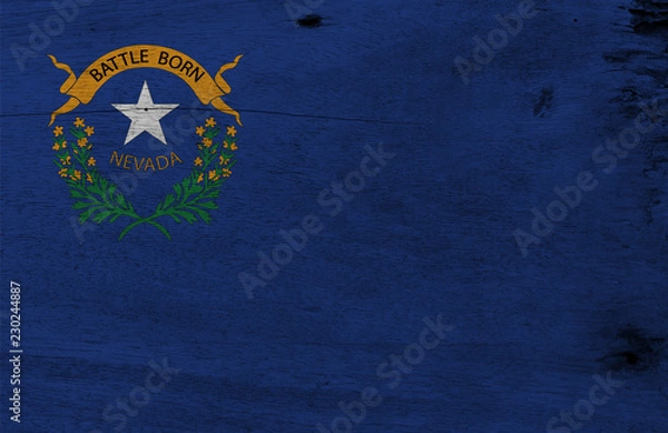 Fototapeta Flag of Nevada on wooden plate background. Grunge Nevada flag texture, The states of America. Solid cobalt blue field. The canton contains two sagebrush branches encircling a silver star.