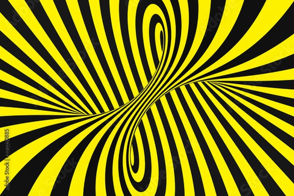 Fototapeta Black and yellow spiral tunnel from police ribbons. Striped twisted hypnotic optical illusion. Warning safety background.
