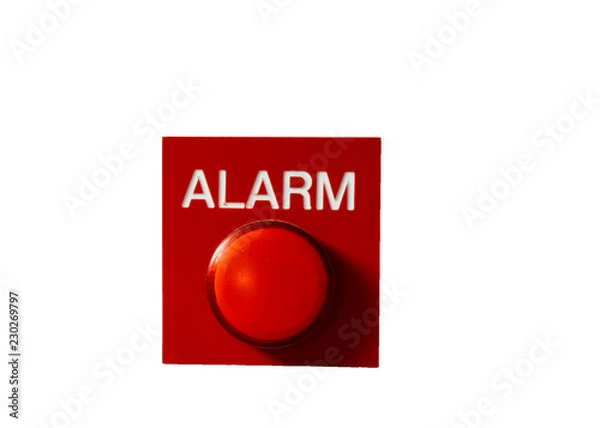 Fototapeta Red Alarm button signal isolated on white. Concept of any alarm situation - fire, bankrupt, robbery etc.