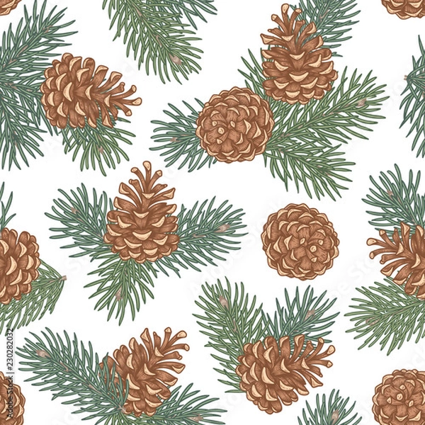 Fototapeta Hand draw engraving of a pine cone with cedar branches in a seamless pattern.