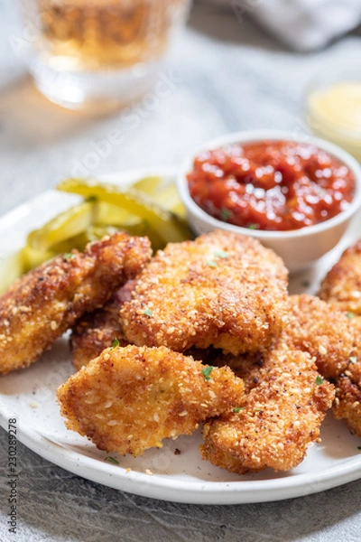 Fototapeta Fried crispy chicken nuggets with ketchup and pickles
