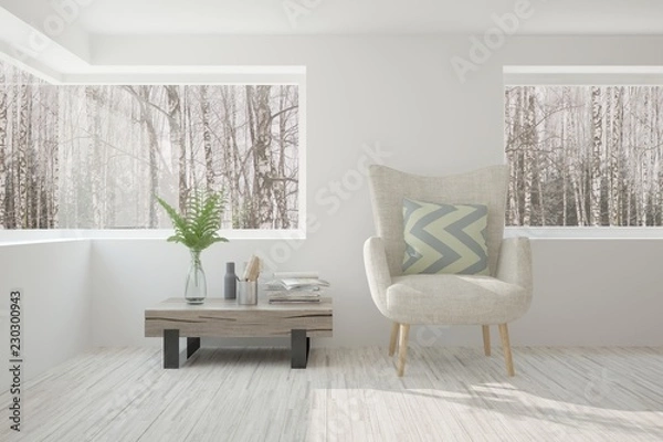 Fototapeta White room with armchair and winter landscape in window. Scandinavian interior design. 3D illustration