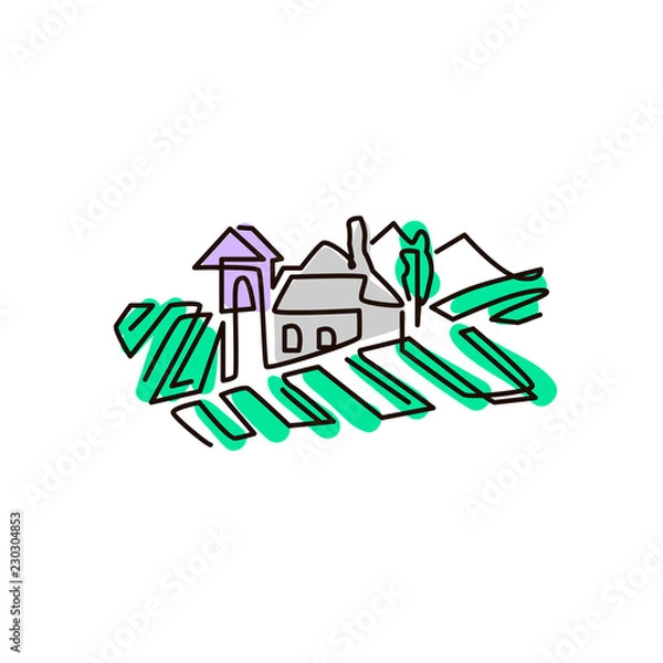 Obraz Vector Line icon. Vineyard landscape. One line colored drawing. Isolated on white background
