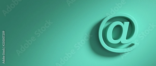 Fototapeta Znak e-mail na tle zielonej ściany, baner, miejsce na kopię. Ilustracja 3D