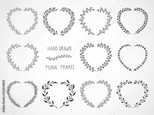 Fototapeta Vector set of floral hand drawn frames in the shape of a heart. 