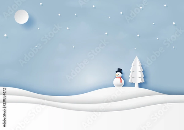 Fototapeta Snow and winter season with snowman and christmas tree for merry christmas and happy new year paper art style.Vector illustration.